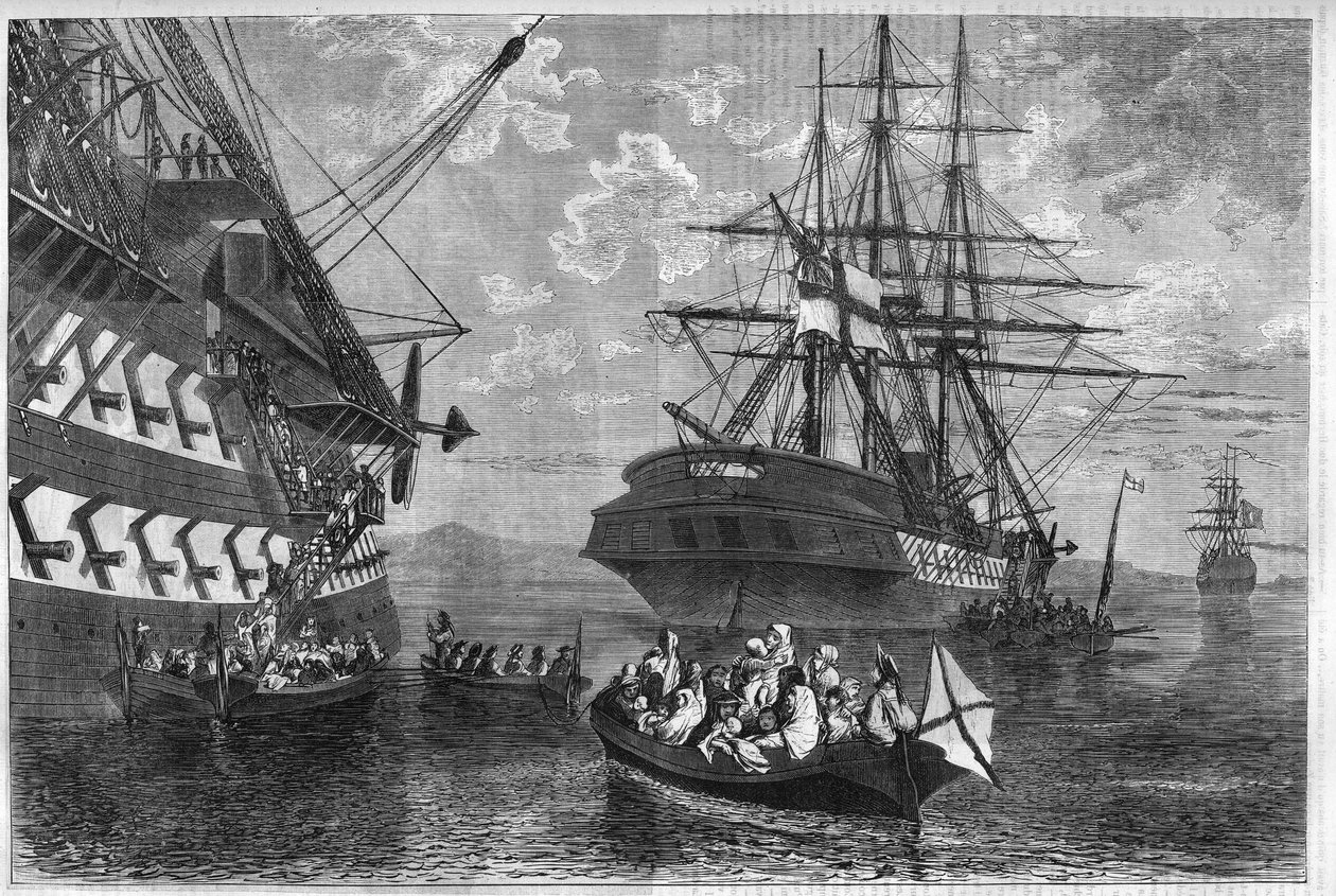1866-1869年克里特岛起义（克里特岛反抗奥斯曼帝国的叛乱）。克里特家庭在中立国的船上寻求庇护。雕刻在 "辉煌的世界 "中 作者 未知艺术家
