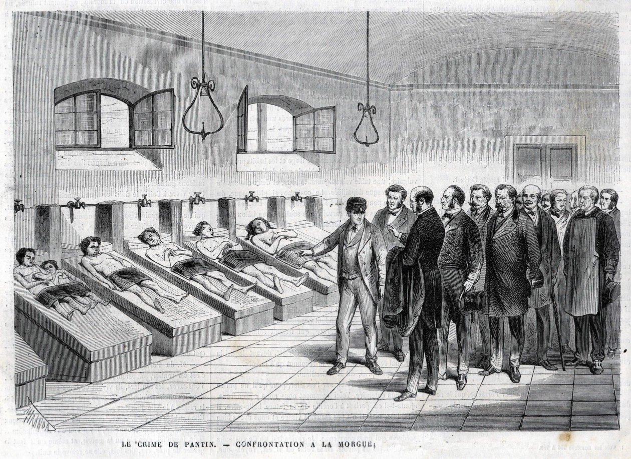 1869年10月的潘坦犯罪。在停尸房的对峙。1869年的雕刻作品 作者 未知艺术家