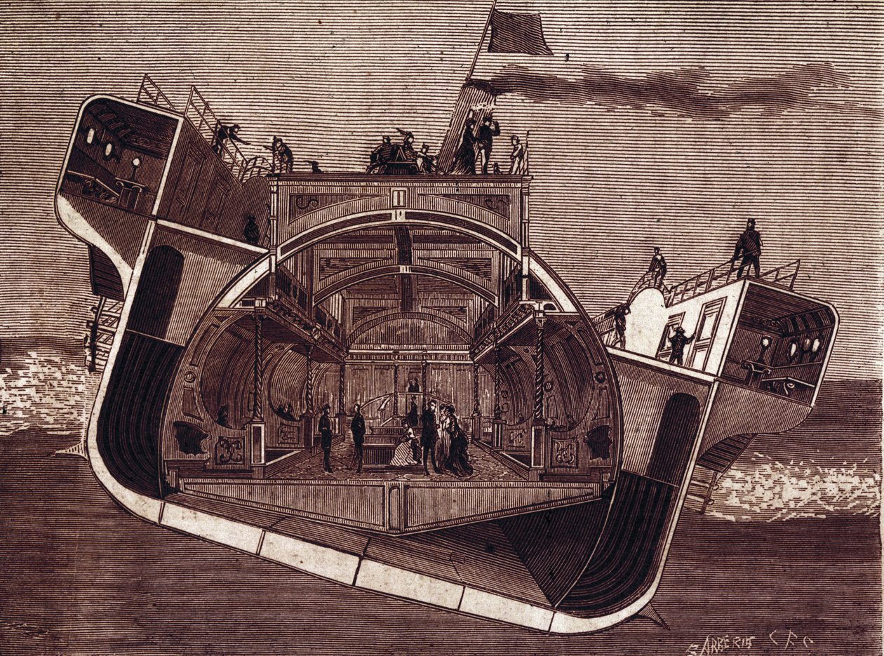 亨利·贝塞默 (Henry Bessemer，1813-1898 年) 设计的抗晕船船的横截面。 雕刻 19 世纪。 作者 未知艺术家
