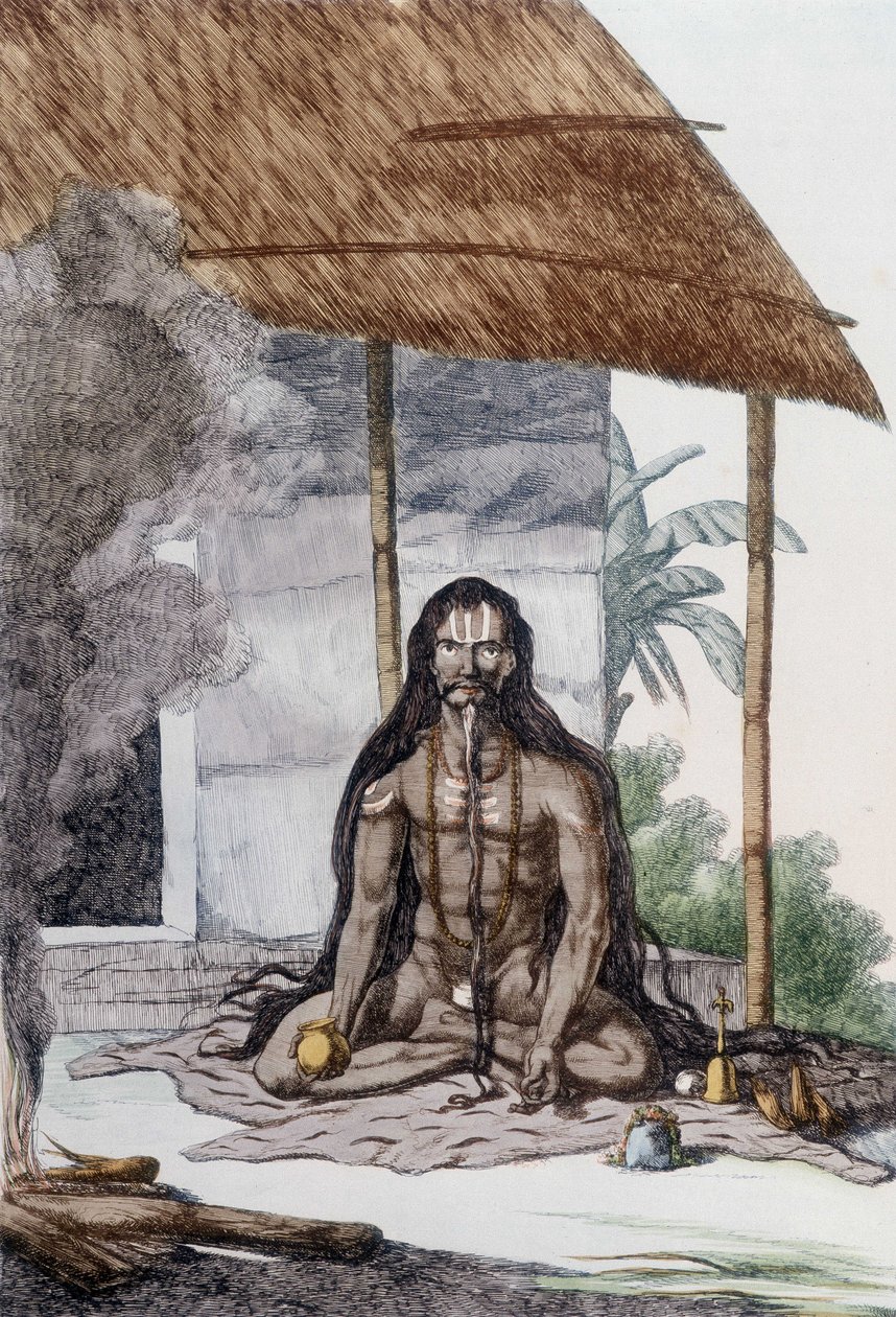 文化、文明和印度社会：祈祷中的苦行僧 (Faquir) 肖像，印度。 雕刻 1808。 作者 未知艺术家
