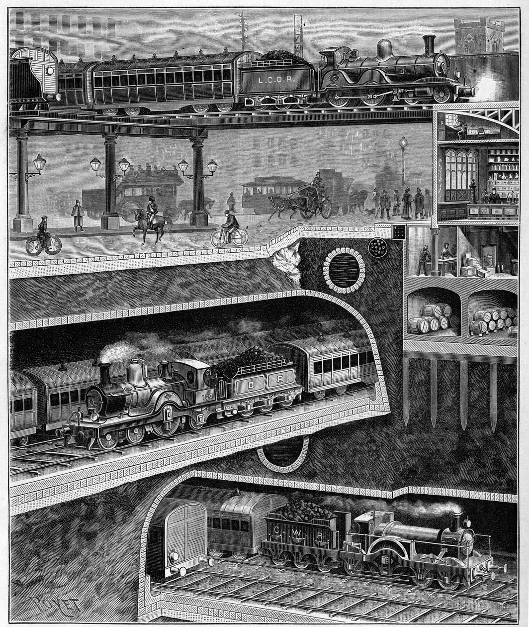 1898年从伦敦切入英国的一条街道。1898年的版画。载于 "La Nature.科学及其在艺术和工业中的应用回顾"。 作者 未知艺术家