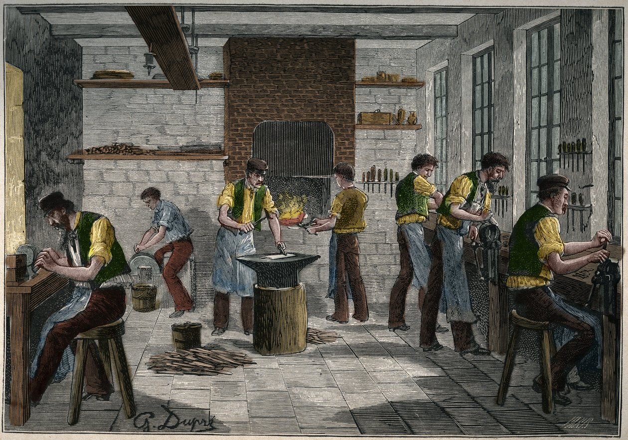 19世纪法国的刀具作坊。1885年阿道夫-比塔尔在 "Les arts et metiers illustrstres "中的雕刻。 作者 未知艺术家