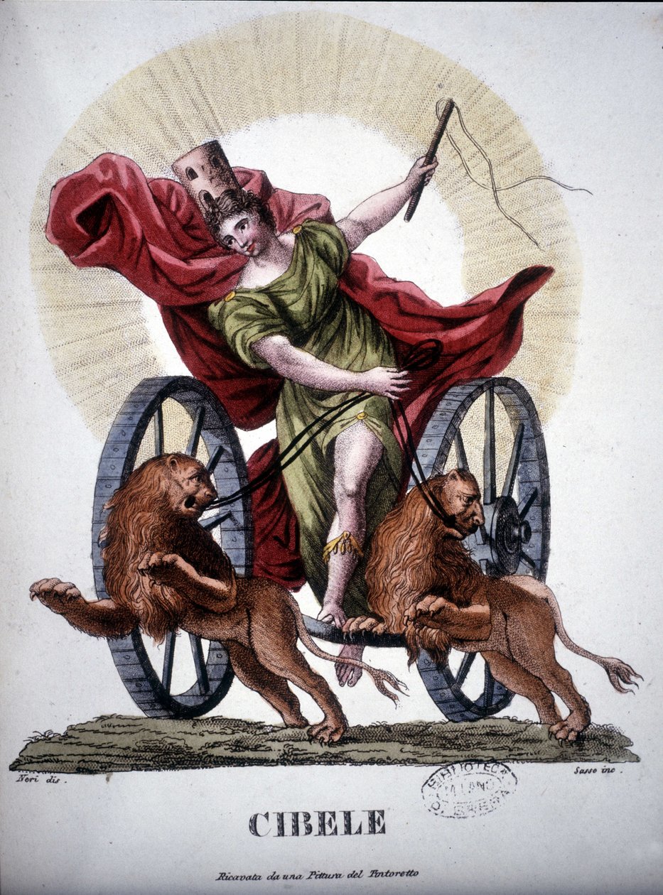 Cybele，代表自然界生殖能力的神灵--在 "Dizionario mitologico "中，19世纪根据Tintoretto的画作雕刻的，Bibl. di Brera，米兰。 作者 未知艺术家