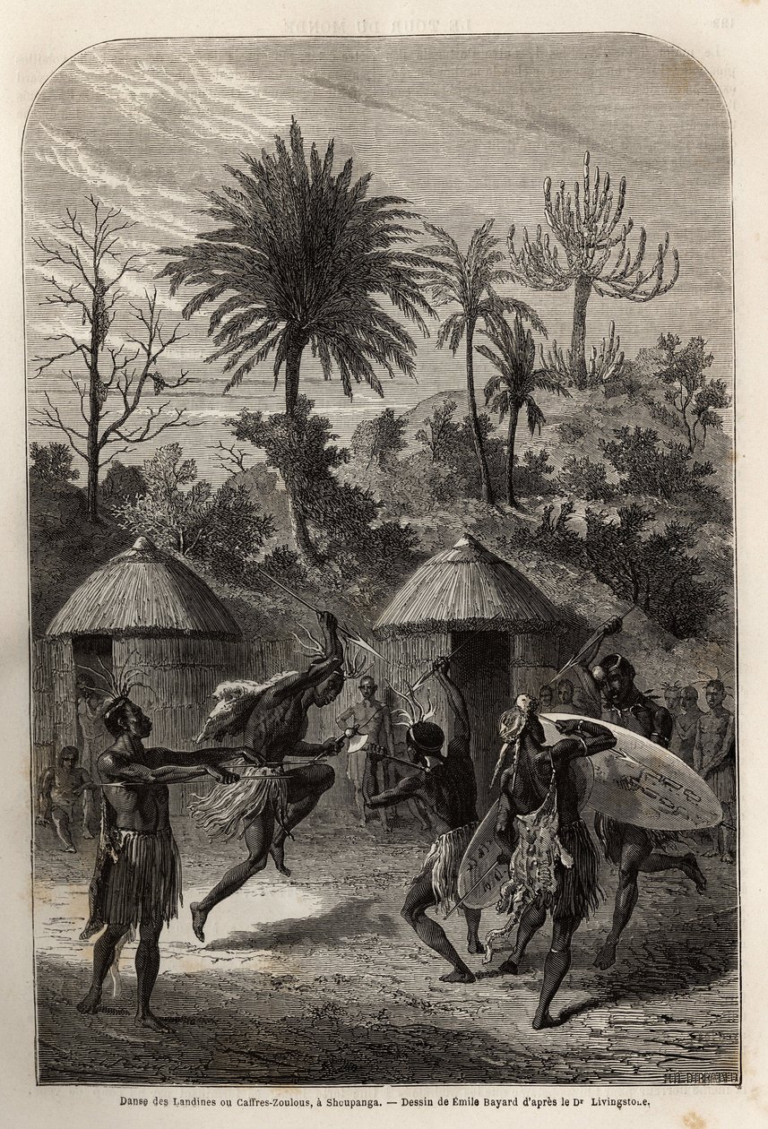 Shoupanga（赞比西河右岸）的Landines或Zulu caffres的舞蹈。利文斯通博士于1840年至1856年在《世界之旅，新的航行日志》中为其第一次南部非洲之行绘制的版画。 作者 未知艺术家