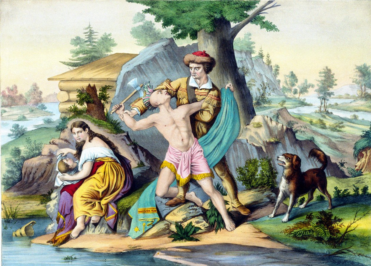 丹尼尔-波恩保护他的家人。美国拓荒者丹尼尔-波恩（1734 - 1820）杀死了一个用斧头攻击他家人的印第安人。19世纪的雕刻。 作者 未知艺术家