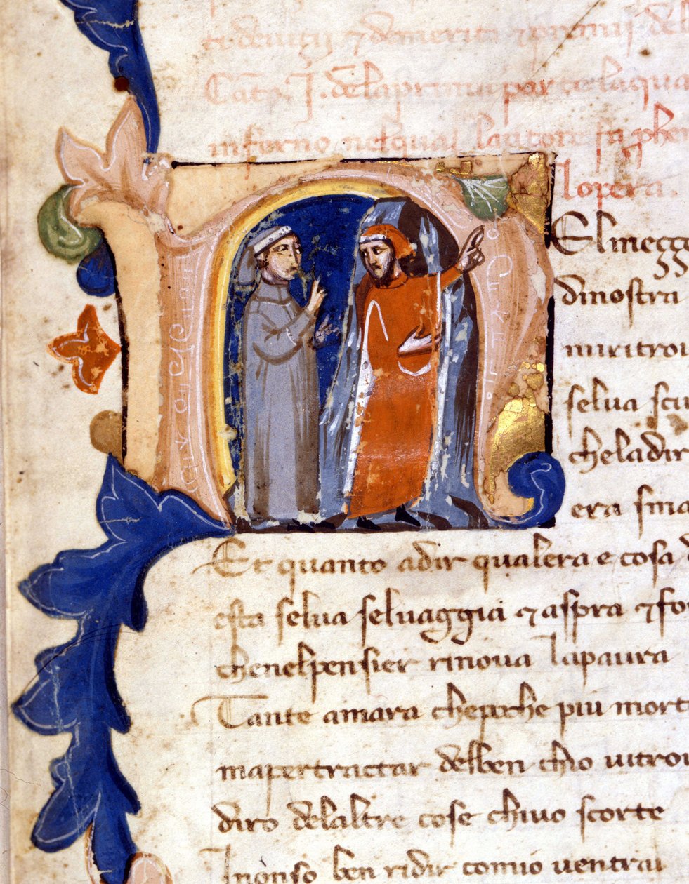 但丁和维吉尔在地狱入口处。 (lettrine ""N"") Incipit of a Divina Commedia (Divine Comedy) 14 世纪米兰，Trivulzian 图书馆。 （在我们人生的旅途中......） 作者 未知艺术家