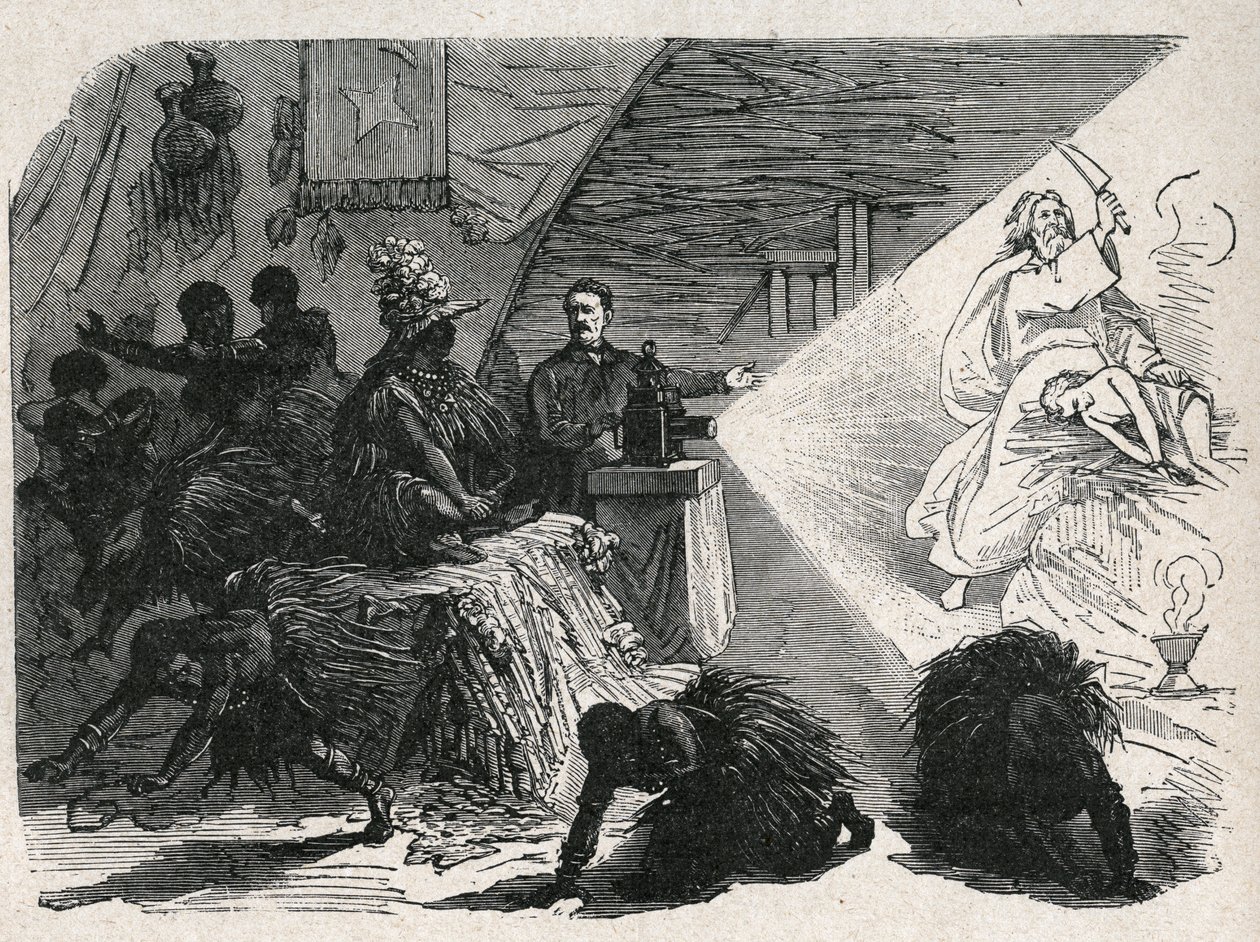 大卫-利文斯通（1813-1873）苏格兰传教士和探险家，在巴隆达的魔术灯笼。 作者 未知艺术家
