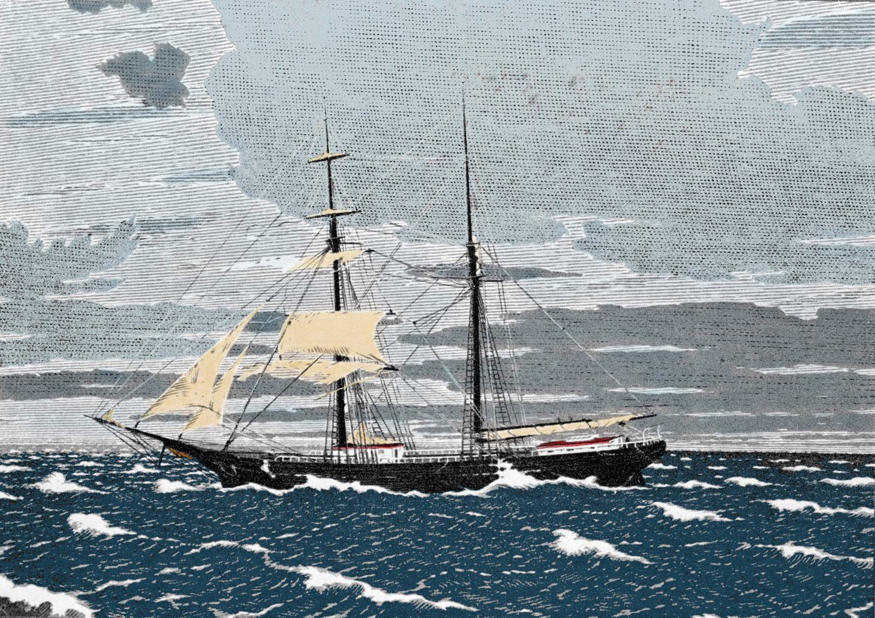 1872 年 12 月，人们发现玛丽·塞莱斯特 (Mary Celeste) 被遗弃在大西洋中部的 Acores 群岛附近。 船长、他的妻子和他们两岁的女儿，以及八名船员都失踪了。 雕刻 19 世纪。 作者 未知艺术家
