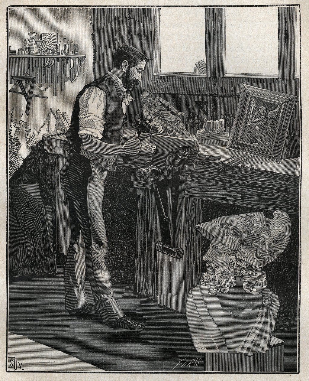 银器的装饰：青铜凿子。1885年阿道夫-比塔尔（Adolphe BITARD）在 "Les arts et metiers illustrstres "中的雕版画。 作者 未知艺术家