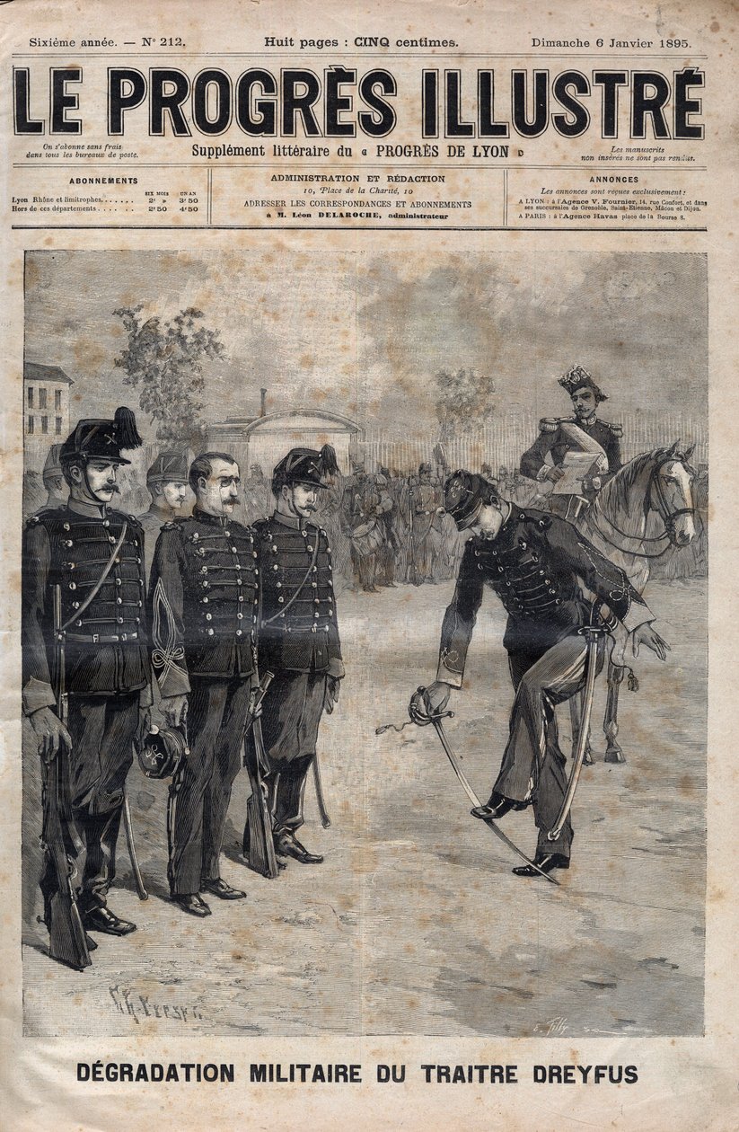 阿尔弗雷德-德雷福斯的堕落--德雷福斯案。1895年1月5日阿尔弗雷德-德雷福斯在巴黎军事学校的院子里被降级--1895年 "杰出的进步 "中的版画---。 作者 未知艺术家