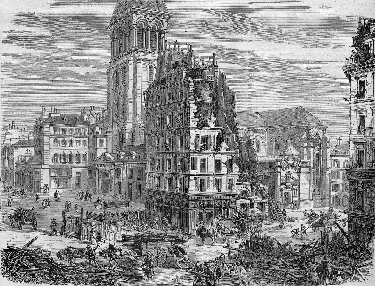 圣日耳曼广场（Place Saint Germain des Pres）的拆迁，是为了1867年穿透雷恩街（Rue de Rennes）。 作者 未知艺术家