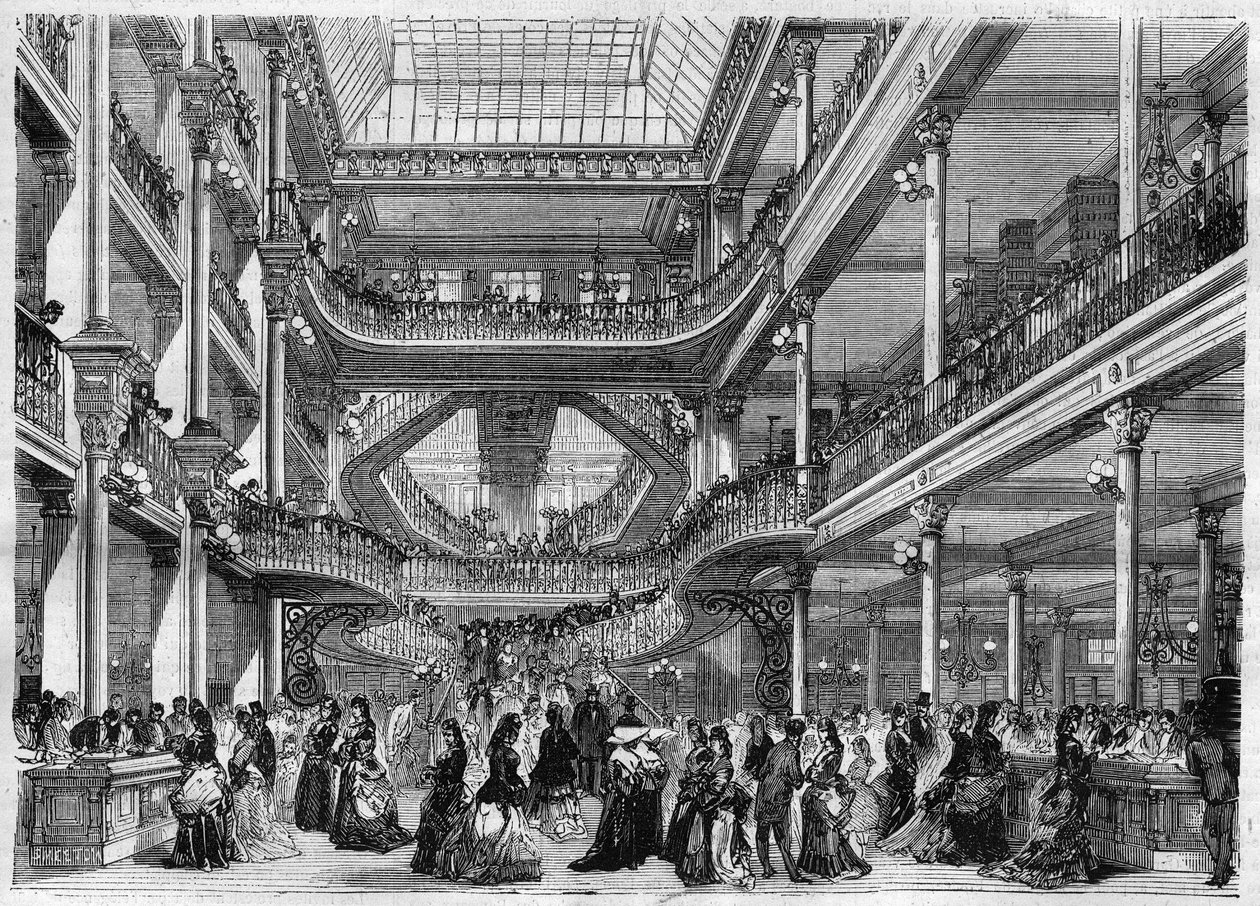 百货公司："Au bon marche "的内部视图。在 "辉煌的世界 "中的雕刻。 作者 未知艺术家
