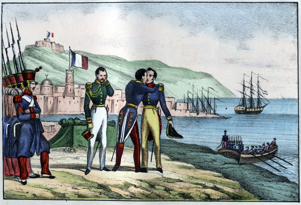 布尔蒙伯爵路易-奥古斯特（Maréchal de Bourmont）（1773-1846）于1830年离开阿尔及利亚。载于莱昂-加利贝尔的《古今阿尔及利亚》。1846年意大利版彩色。 作者 未知艺术家