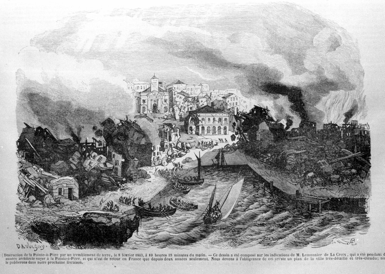 1843 年 8 月 2 日地震摧毁了 Pointe à Pitre（瓜德罗普岛）。 雕刻 1843 年。 作者 未知艺术家