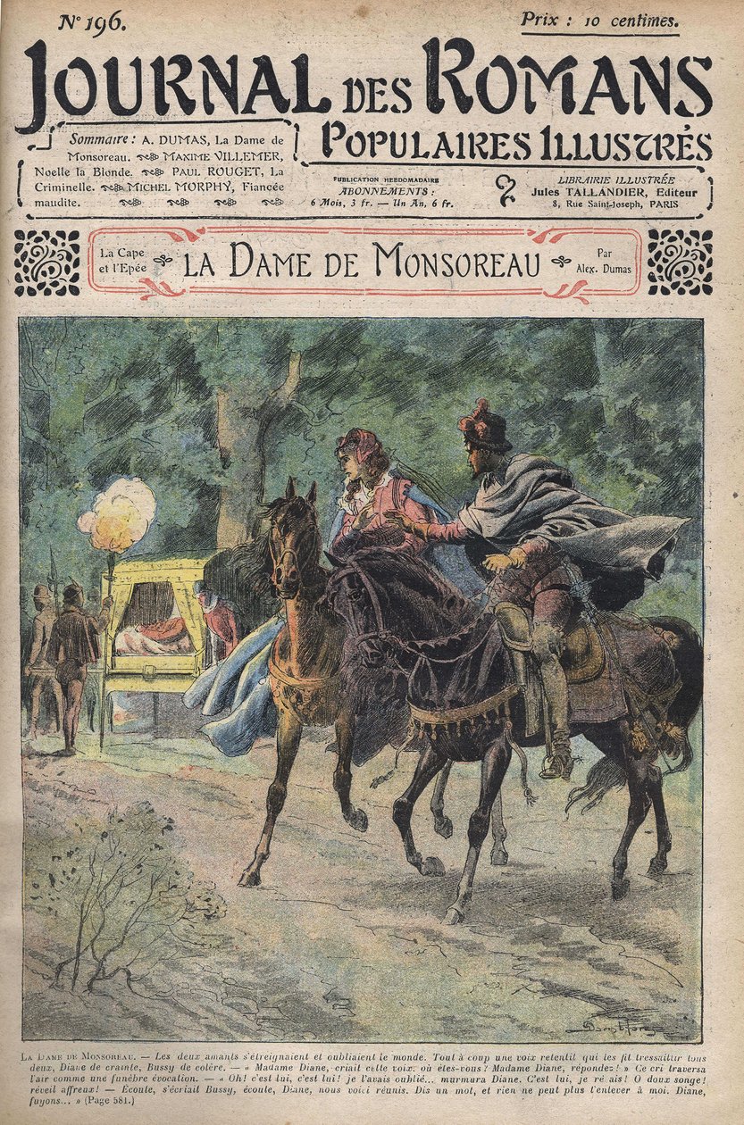 黛安在与她的情人布西骑马时被她的丈夫叫住。大仲马的小说 "La Dame de Monsoreau "的插图。载于《通俗小说插图杂志》。 作者 未知艺术家