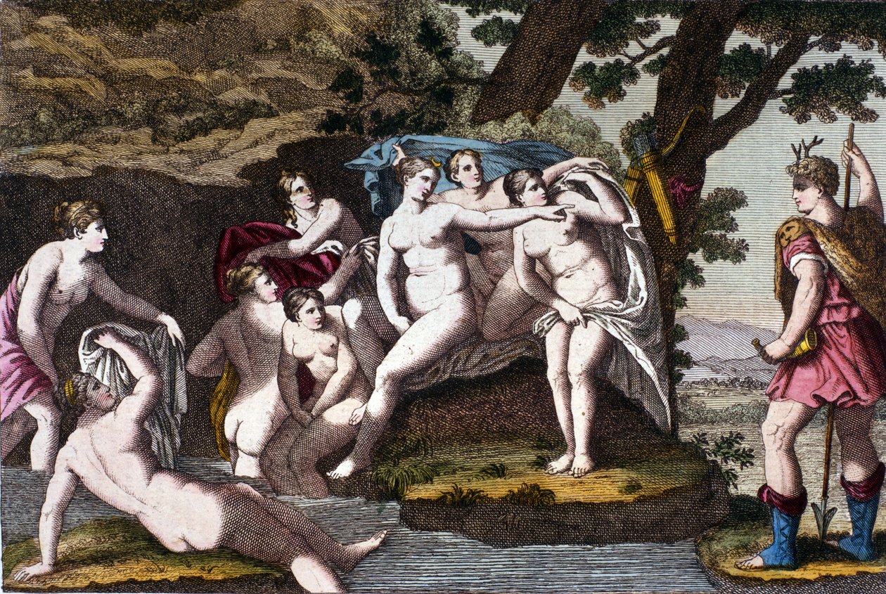 黛安被猎人阿克顿在洗澡时抓住了。 雕刻自“” Dizionario mitologico””” 19 世纪 作者 未知艺术家