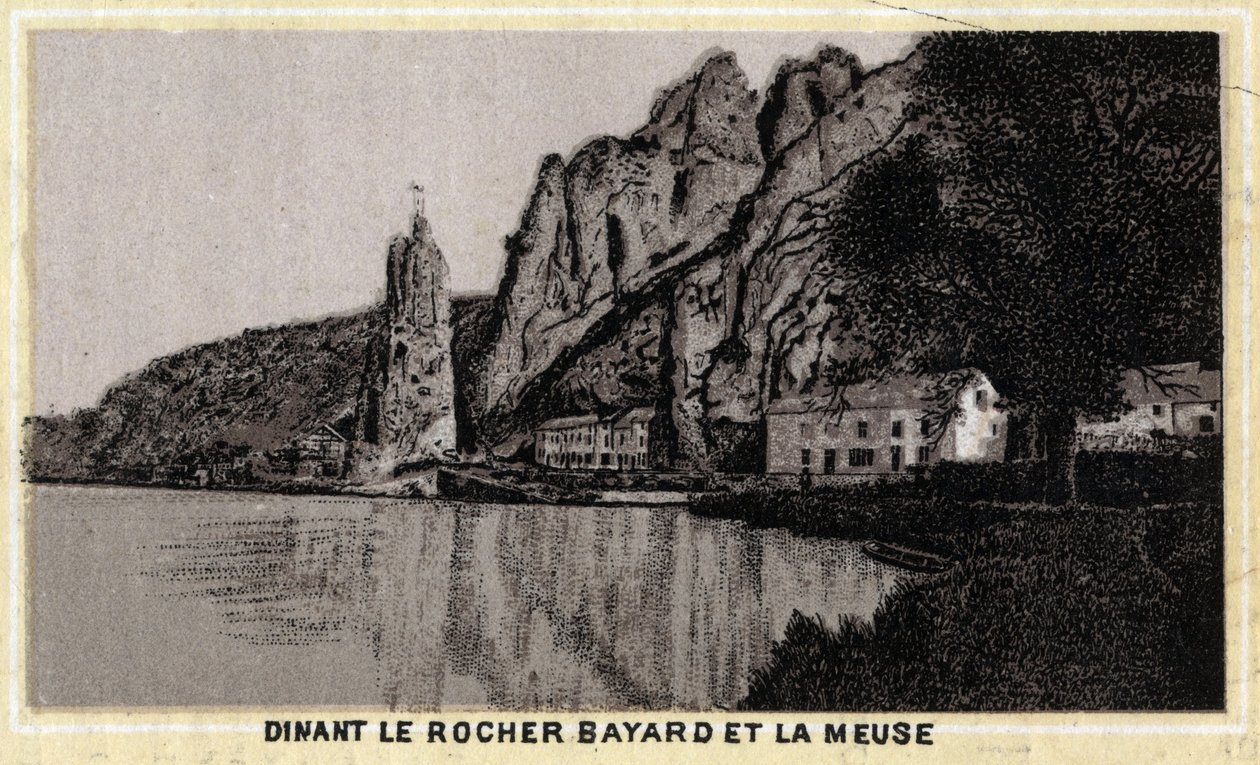 比利时Wallonia的Dinant, le Rocher Bayard et la Meuse。19世纪末的彩色石版画。 作者 未知艺术家