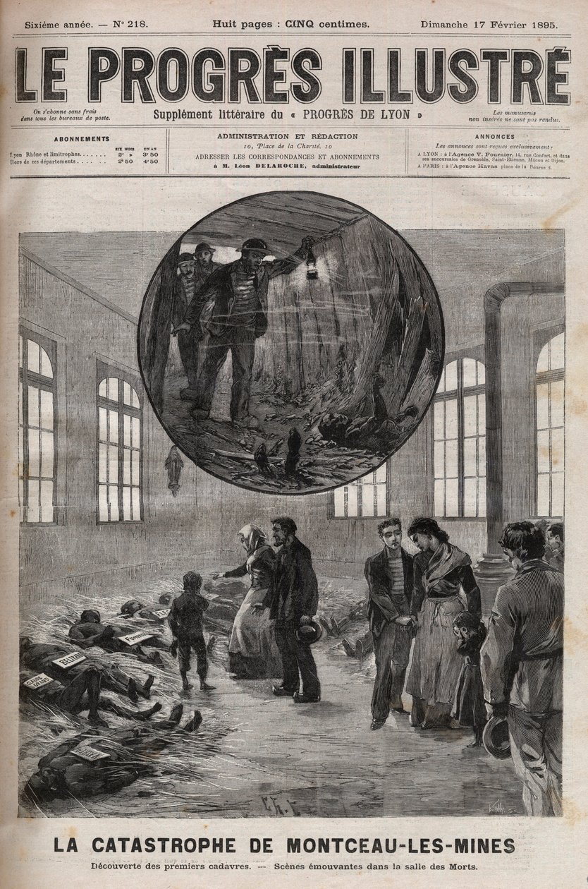 1895年勃艮第圣欧根尼井的灾难或Montceau-les-Mines的灾难--1895年 "Le Progres illustrious "中的雕刻。 作者 未知艺术家