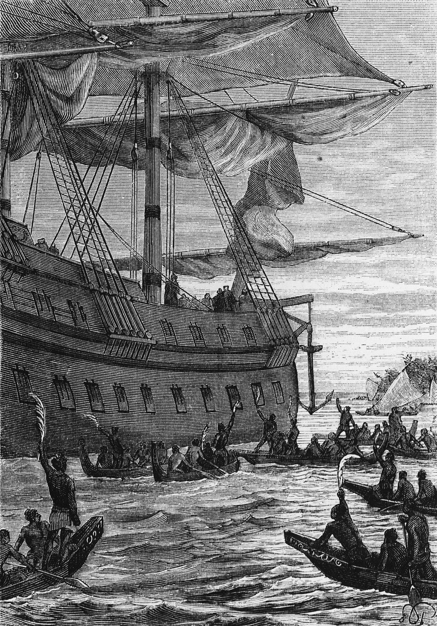 印度群岛的发现：瓦利斯在太平洋的航行； 土著人将与冒号会面 - 在“Les Voyageurs du 18eme et 19eme ecle”中，儒勒·凡尔纳编着。 Hetzel et Cie，巴黎。 作者 未知艺术家