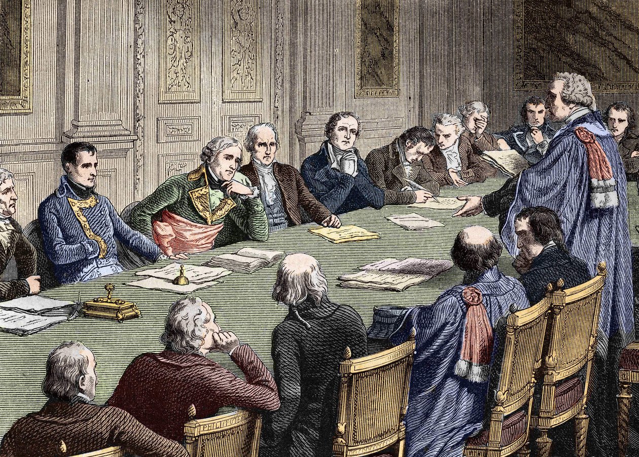 国务委员会（1800-1804 年）对民法典的讨论，在第一任执政官拿破仑·波拿巴的主持下，让·雅克·雷吉斯·德·康巴塞雷斯 (Jean Jacques Regis de Cambaceres) 担任主席。 19世纪的雕刻。 作者 未知艺术家