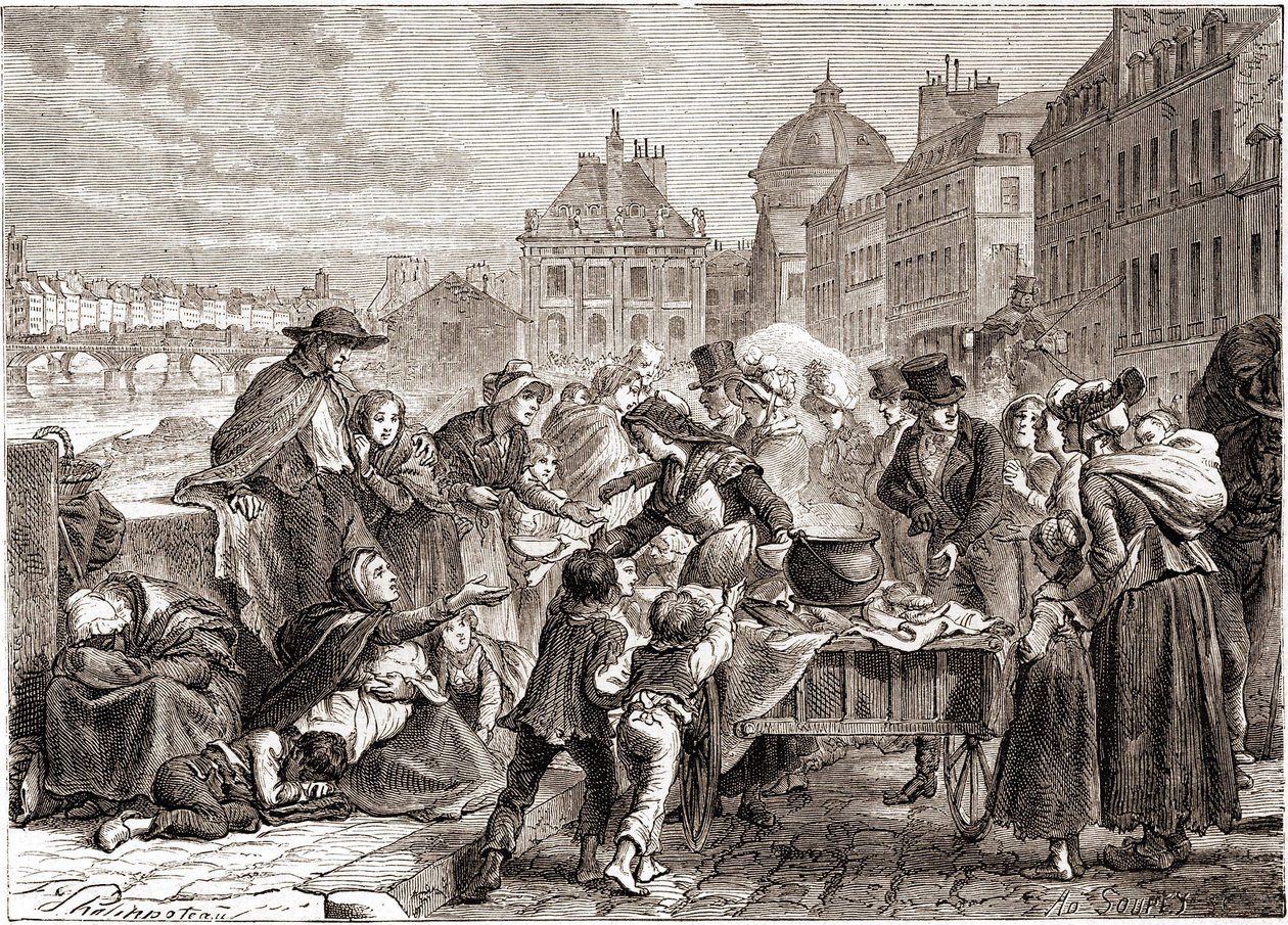 1820年左右向饥饿的农民分发食物--载于亨利-马丁的《法国历史》。 作者 未知艺术家