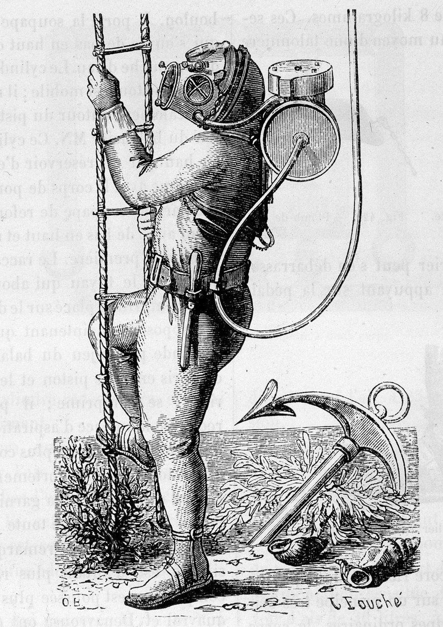 Diver coated with rubber clothing and regulator tank - in “” The wonders of science””, by Louis Figuier 作者 未知艺术家