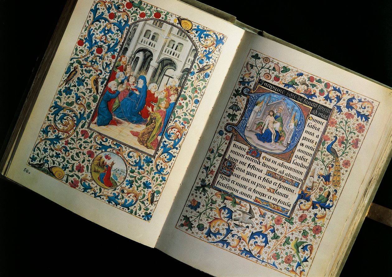 打开的手稿（书）的双页：圣灵的降临。根据勃艮第玛丽的Breviary所画的微型画 作者 未知艺术家