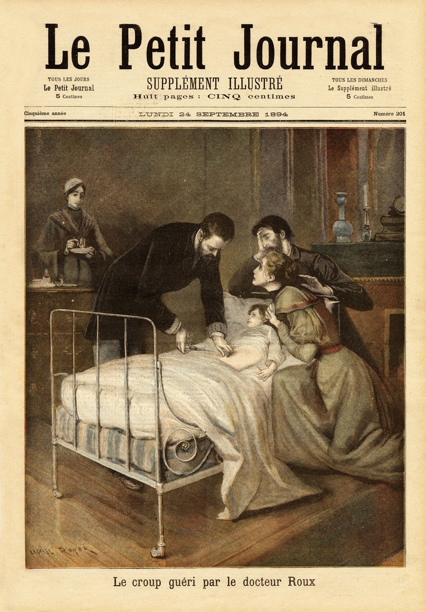 Emile Roux 博士 (1853-1933)，细菌学家，Louis Pasteur (1822-1895) 的合作者，他开发了针对哮吼（儿童麻疹并发症）的疫苗。 雕刻在“”Le petit journal””24/09/1894。 塞尔瓦的收藏。 作者 未知艺术家