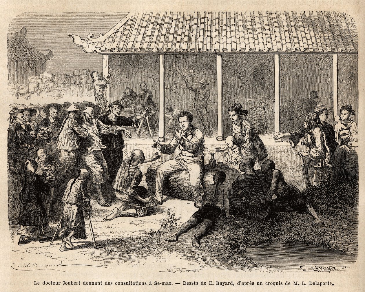 Joubert博士在Se-Mao（SeMao）（中国）进行会诊，在治愈一名重伤士兵后，全城居民涌入勘探队房屋的院子里希望接受治疗，其中大部分人患有 作者 未知艺术家