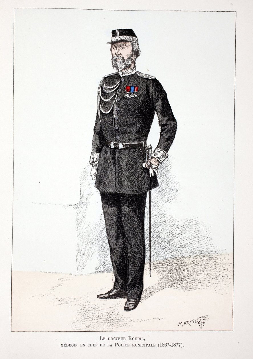 鲁迪尔医生，市政警察的首席医疗官（1867-1877）。彩色蚀刻版画，为路易-勒平（1846-1933）主持出版的《和平卫士部队史》一书作插图，由A. 作者 未知艺术家