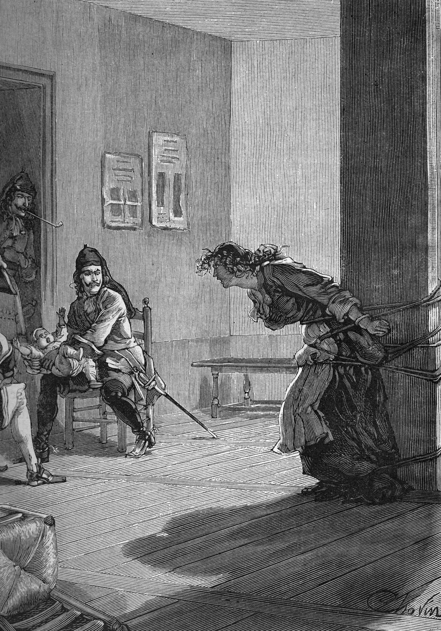 Dragonnades（1685-1686）--对一个新教家庭的折磨：国王的士兵，龙，抱着一个婴儿，而她的母亲被绑在柱子上。19世纪的雕版画。儒勒-米歇尔的 "法国史 "中。 作者 未知艺术家