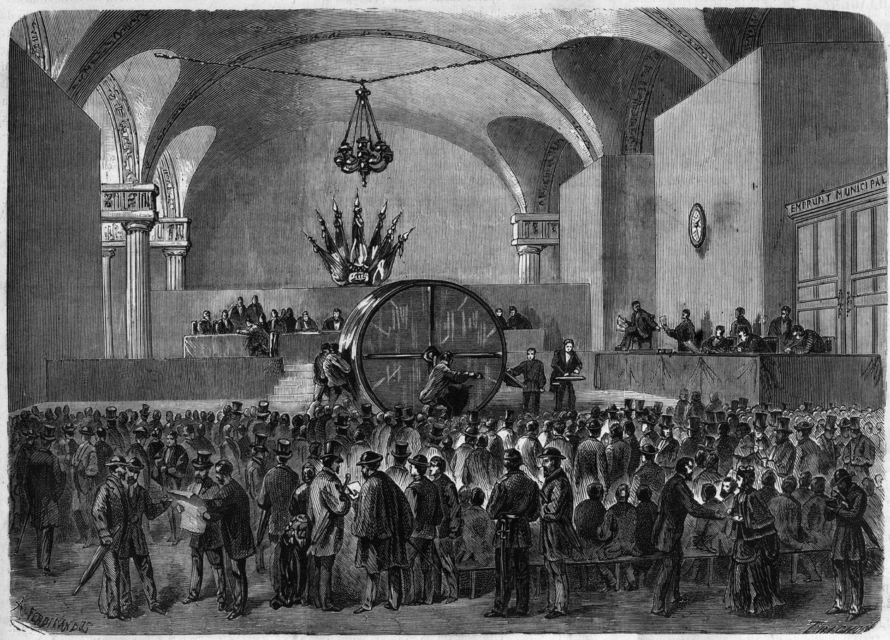 抽签决定属于巴黎市在1855年和1866年签订的两笔贷款的待偿债券。巴黎维尔酒店，2月2日 作者 未知艺术家