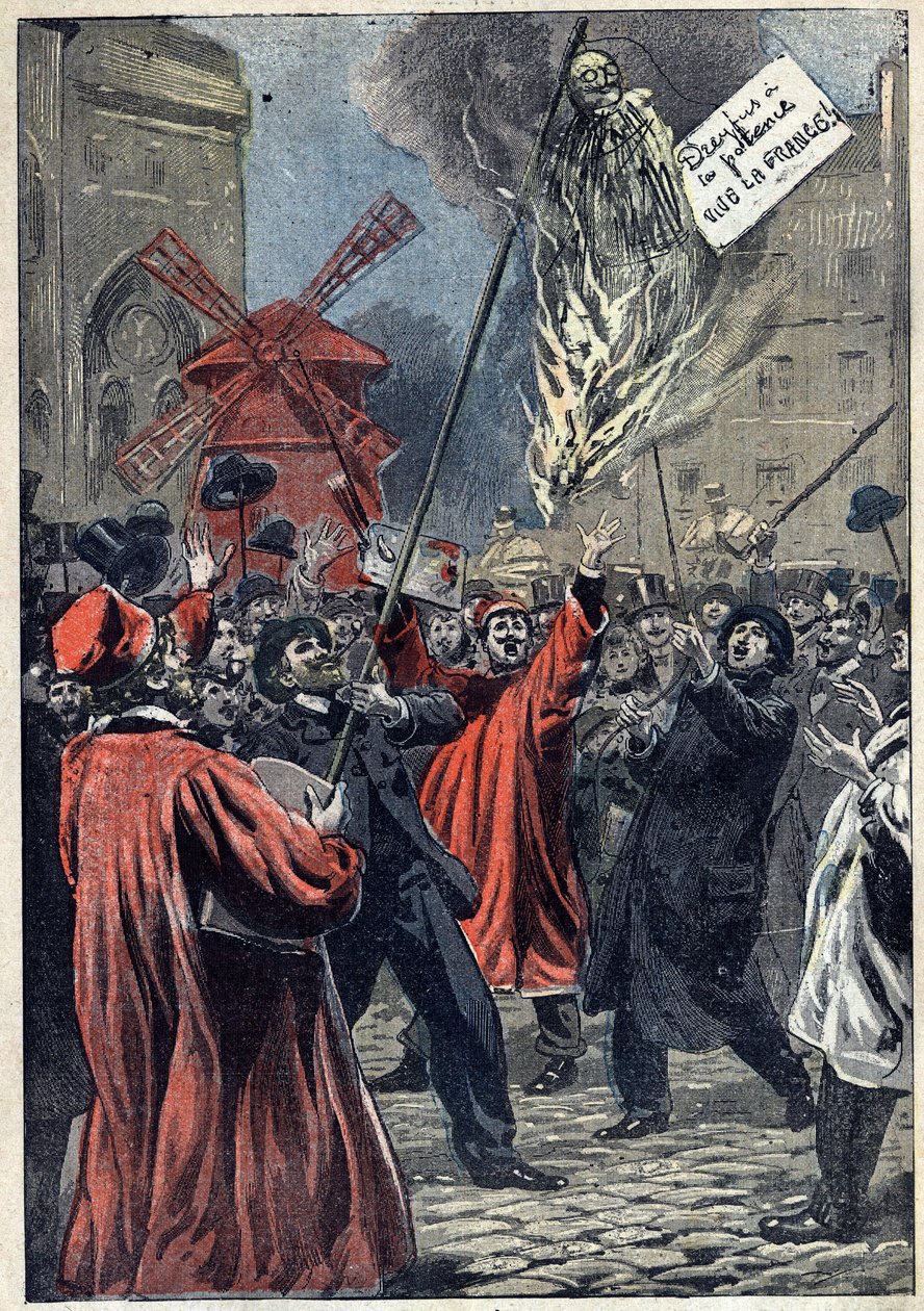 德雷福斯案--巴黎--1898年：蒙马特的反犹太主义者的狂欢。阿尔弗雷德的兄弟马丁-德雷福斯的塑像在广场上被人推倒，脖子上挂着一个牌子。"德雷福斯被送上绞架。法国万岁！""Le Pelerin "中的插图：J 作者 未知艺术家