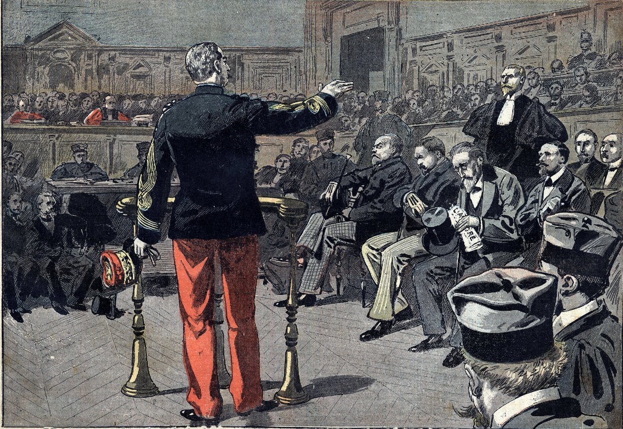 德雷福斯案--埃米尔-左拉的诉讼程序--1898年。奥古斯特-梅西尔将军（1833-1921）回答了作家埃米尔-左拉（1840-1902）的律师费尔南-拉博伊（1860-1917）的问题。参加会议的还有法庭庭长阿尔伯特-德格罗格（Albert Delegorgue）、佩尔先生（Messrs. 作者 未知艺术家
