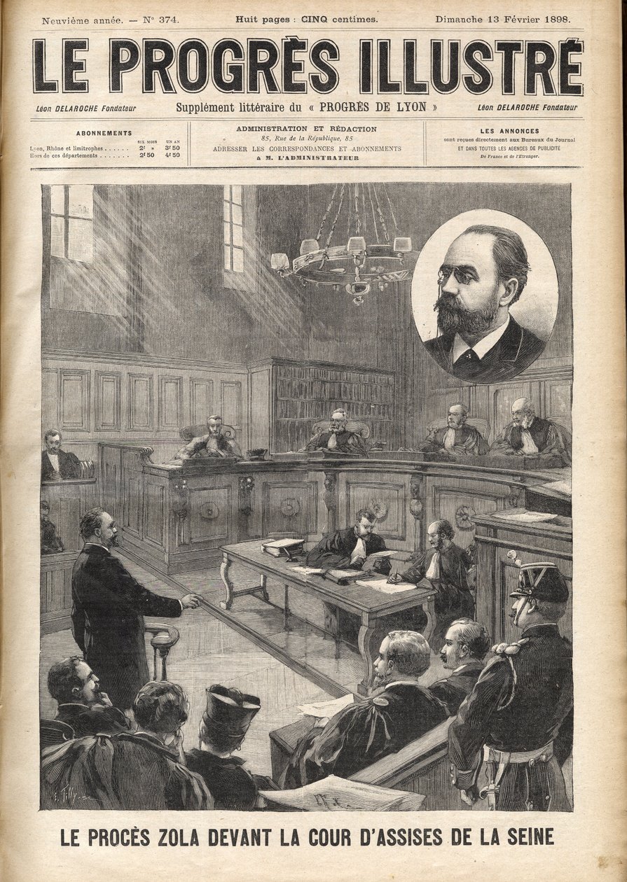德雷福斯案。埃米尔-左拉（1840-1902）在审判阿尔弗雷德-德雷福斯的海选法庭上 作者 未知艺术家