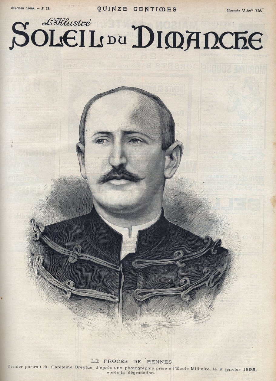 德雷福斯案：阿尔弗雷德-德雷福斯（1859-1935）在雷恩审判中被贬后的画像。8月13日，《太阳报》上的版画。 作者 未知艺术家