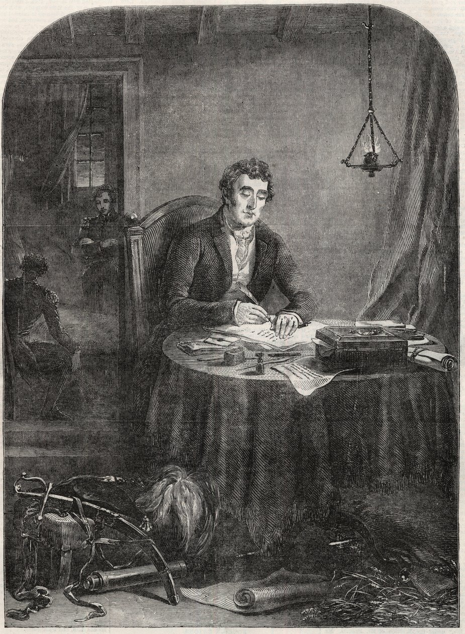 威灵顿公爵（Arthur Wellesley (1769-1852) Duke of Wellington）在滑铁卢战役后写下的派遣信，1815年6月19日 - 雕刻 1852 作者 未知艺术家