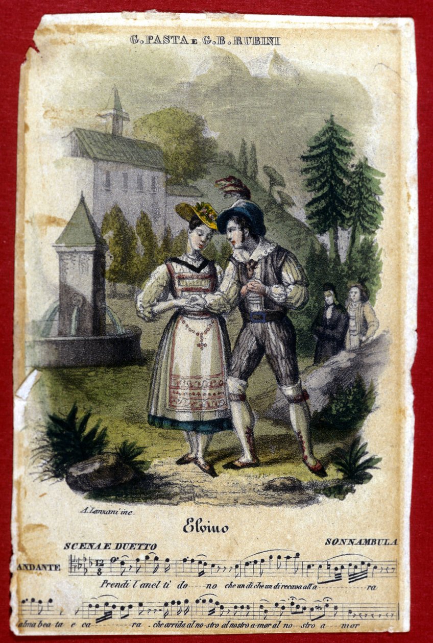 文森佐-贝利尼的歌剧 "La somnambule"（"La Sonnambula"）中朱迪塔-帕斯塔和吉安-巴蒂斯塔-鲁比尼的双人表演。米兰的卡尔卡诺剧院（Teatro Carcano）。1831. 作者 未知艺术家