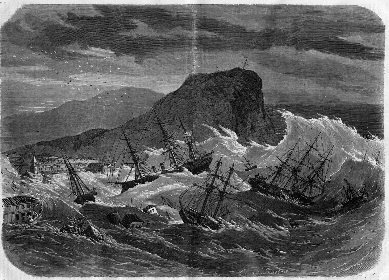 秘鲁地震：1869年9月海啸淹没阿里卡市--"Le Journal Illustré "中的版画 作者 未知艺术家
