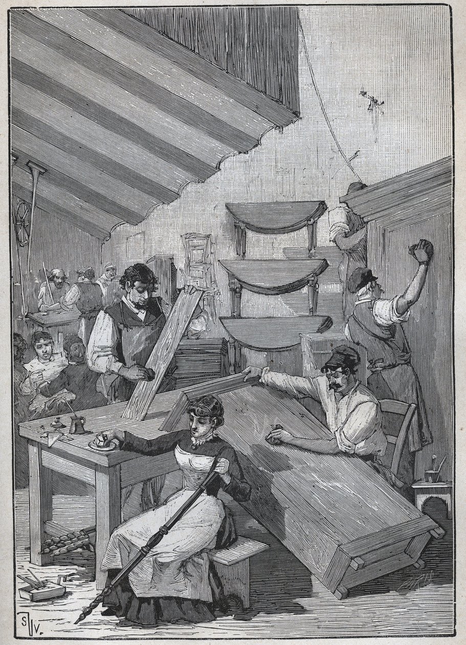 Ebenisterie：邮票上光车间。1885年阿道夫-比塔尔（Adolphe BITARD）在 "Les arts et metiers illustrstres "中的雕版。 作者 未知艺术家