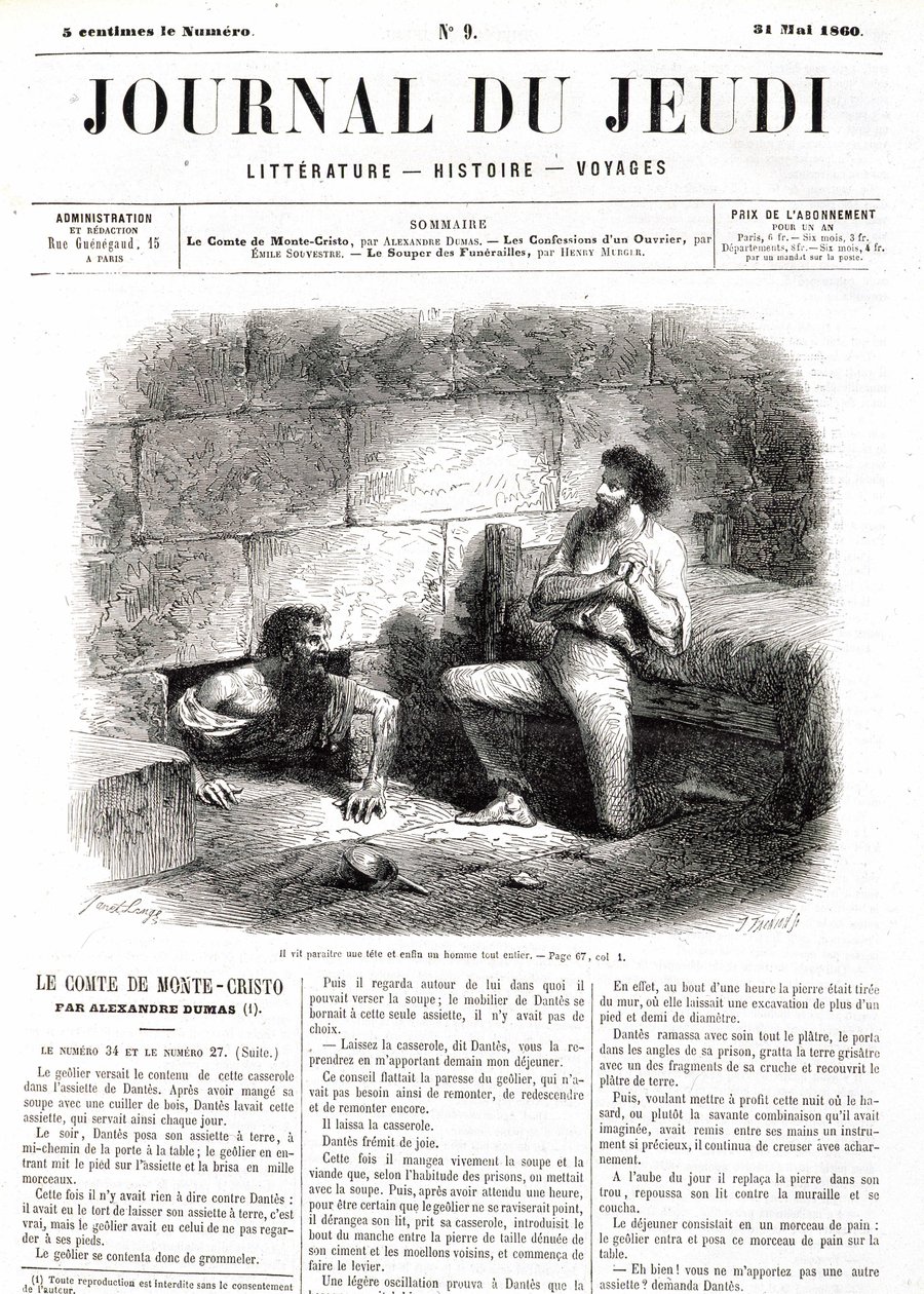 Edmond Dantes, the Count of Monte Cristo (Monte Cristo) meets Abbe Faria thanks to the hollow tunnel in the prison - in “” Le Journal du Thursdays””” of 31/05/1860 作者 未知艺术家