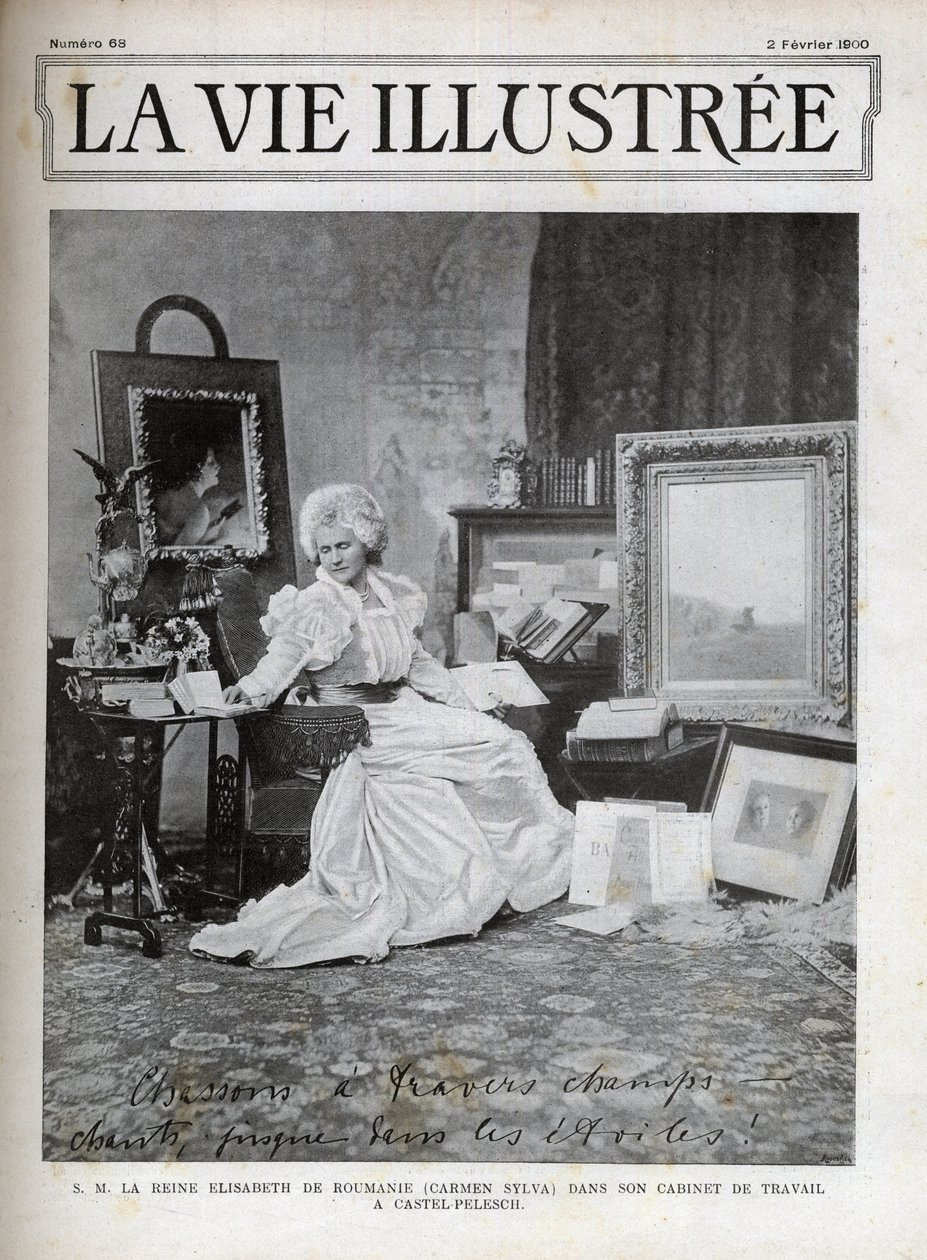 Elisabeth of Wied 1843-1916年罗马尼亚王妃--Elisabeth de Wied--Elisabeth Pauline Ottilie Louise de Wied（被称为Carmen Sylva的笔），在她位于Castel Pelesch的办公室--1900年的生活插图封面 作者 未知艺术家
