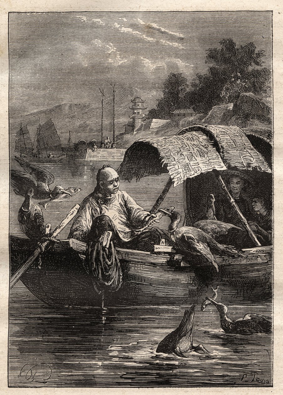 乔治-麦卡特尼勋爵（1737-1806）在中国的大使馆（1792-1793）。鸟Leut-ze，代表捕鱼（鸬鹚捕鱼）--插图来自 "18世纪伟大的航海家" 作者 未知艺术家