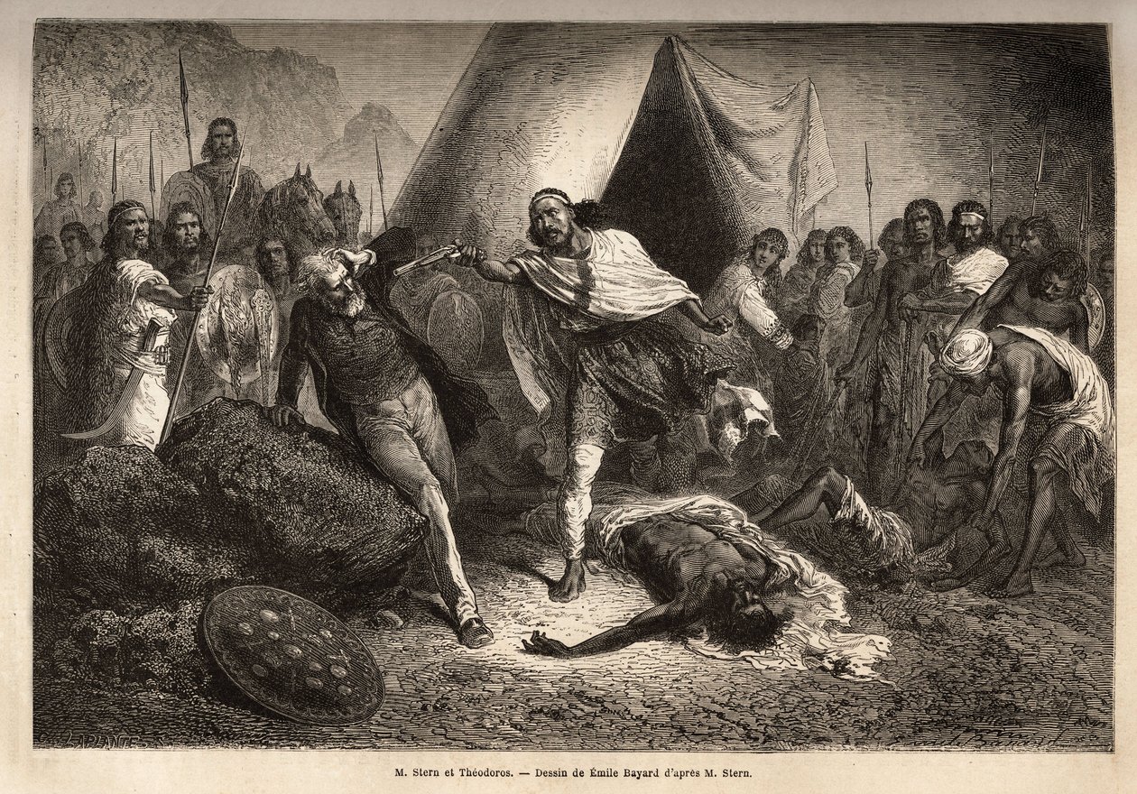 皇帝（或 negus）西奥多罗斯二世（Tewodros）（生于 1818-1868 年左右，在他为埃塞俄比亚帝国加冕前称卡萨海鲁）用他的枪威胁。 感到受到侮辱 作者 未知艺术家