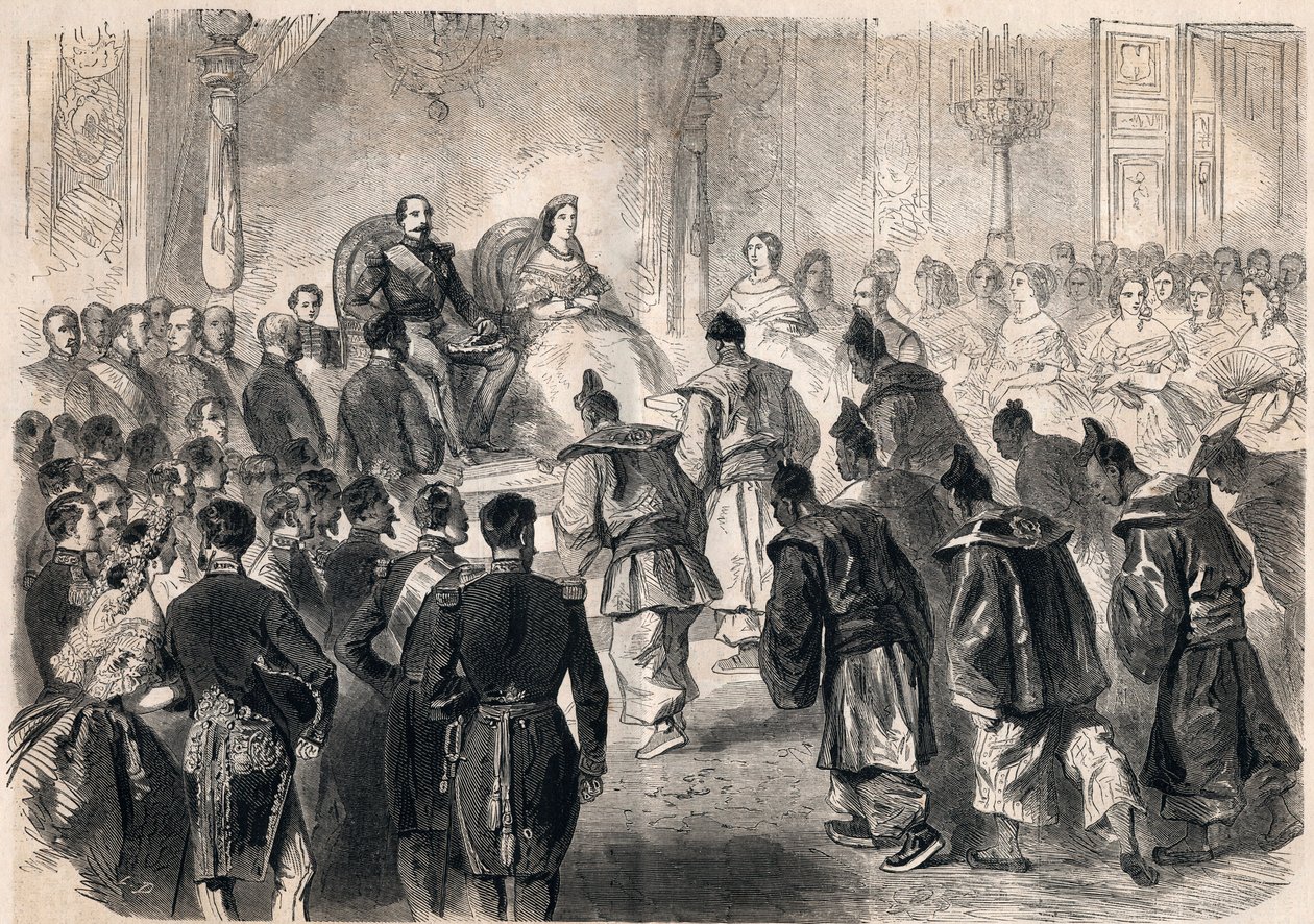 1862年4月13日，拿破仑三世皇帝和欧也妮-德-蒙蒂略皇后在巴黎的杜伊勒里宫庄严地接待了日本大使们。1862年的 "杰出世界 "中的雕刻作品。私人收藏。 作者 未知艺术家