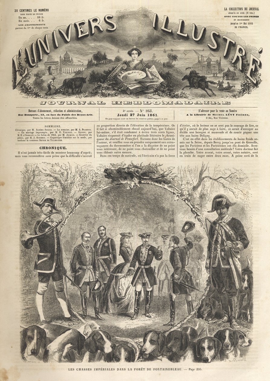 拿破仑三世在枫丹白露打猎 - 1861年 - 拿破仑三世（1808-1873年）和欧也妮皇后（1826-1920年）在枫丹白露打猎时，Imperatrice Eugenie在场。1861年的辉煌世界------。 作者 未知艺术家