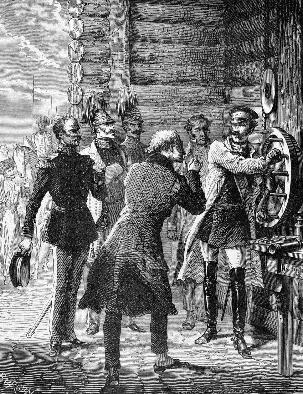 尼古拉一世皇帝在1838年对从圣彼得堡到华沙的电报线路进行了首次测试。雕版画 19世纪 作者 未知艺术家