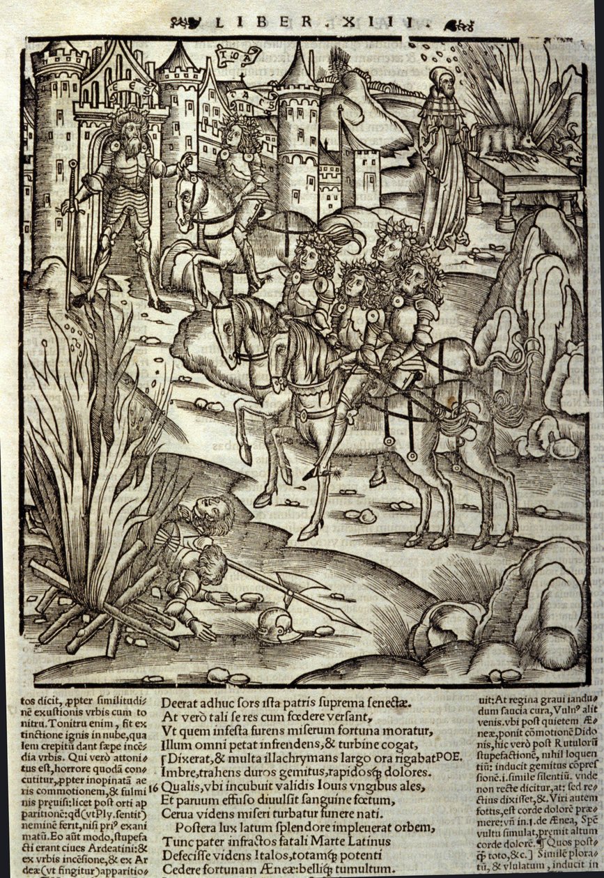 Eneide de Virgil (70 BC-19 BC), book XIII (supplementum), the Trojan heros Enee receives the Latins, sacrifices are made in respect of the victims of war.塞巴斯蒂安-布兰特（1458-1521）的木刻版画。斯特拉斯堡 作者 未知艺术家