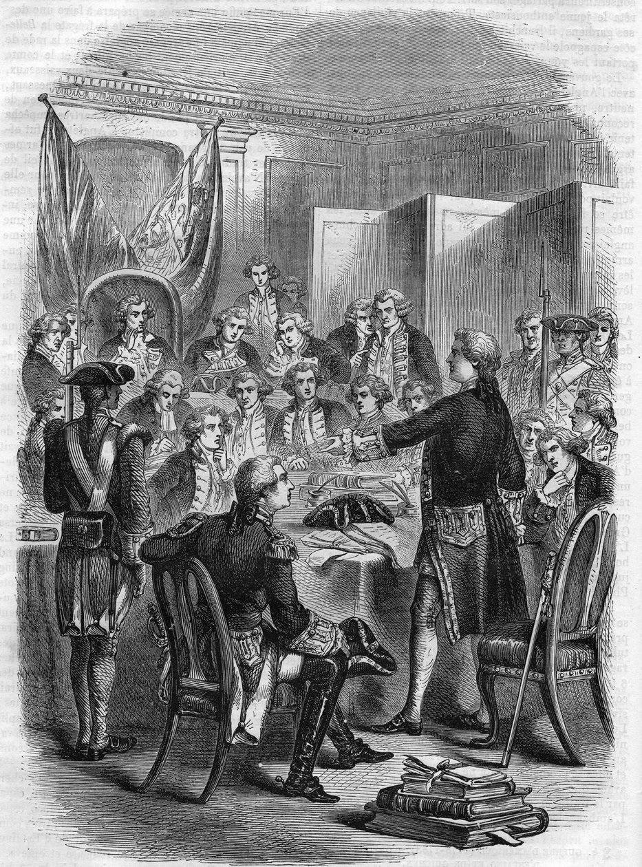 1778年7月27日，英国海军上将奥古斯都-凯佩尔在欧桑特海军战役（美国独立战争期间，在该岛以西100海里处）后的战争委员会面前。 作者 未知艺术家