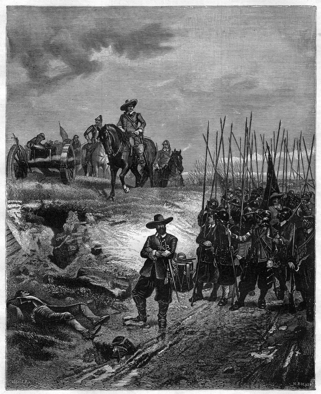 英国内战：奥利弗-克伦威尔（Oliver Cromwell）（1599-1658）在1644年7月2日的马斯顿摩尔战役中--议会党人击败了鲁珀特王子领导的保皇党。19世纪的版画--奥利弗-克伦威尔在1644年7月2日第一次英国内战期间的马斯顿摩尔战役中。 作者 未知艺术家